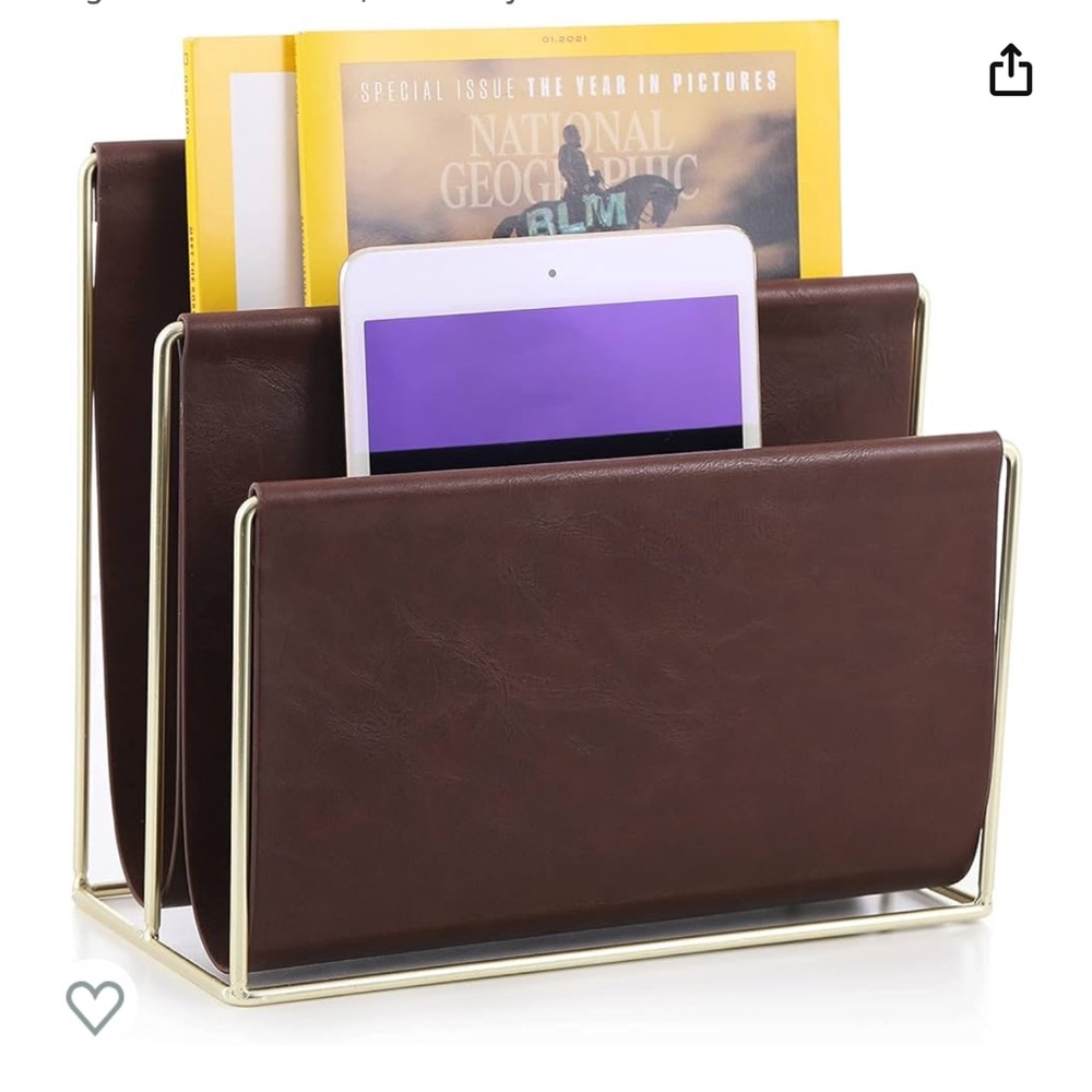 Two-Way Brown Faux Leather Sectioned Magazine/File/iPad Holder